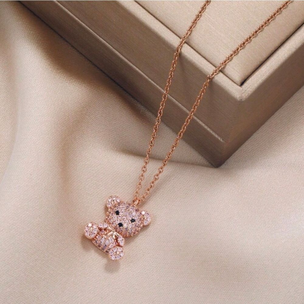 18K Rose Gold Plated Diamond Bear Pendant Necklace